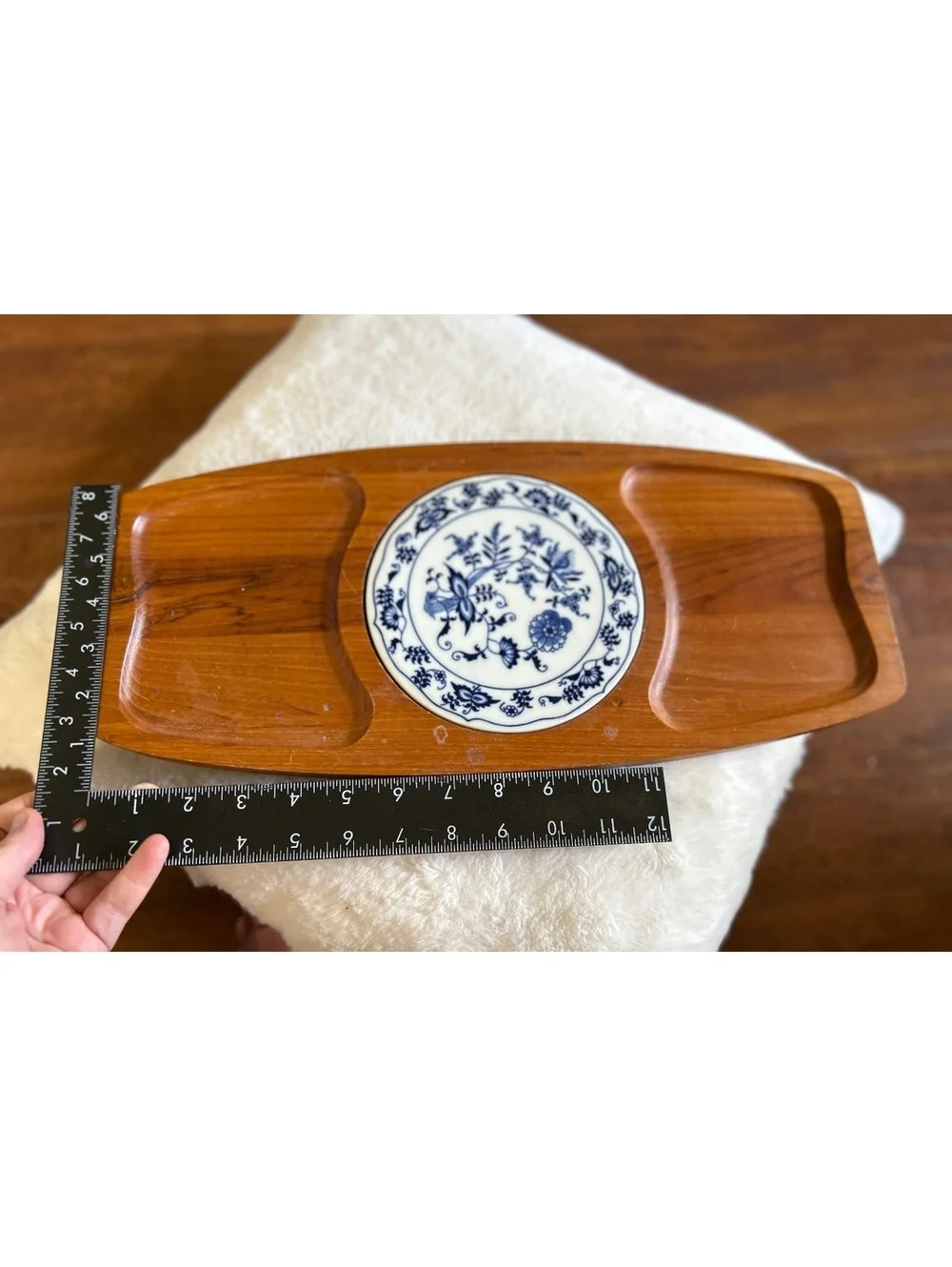 Dolphin Genuine Teakwood Serving Tray with Blue Floral Ceramic Inlay